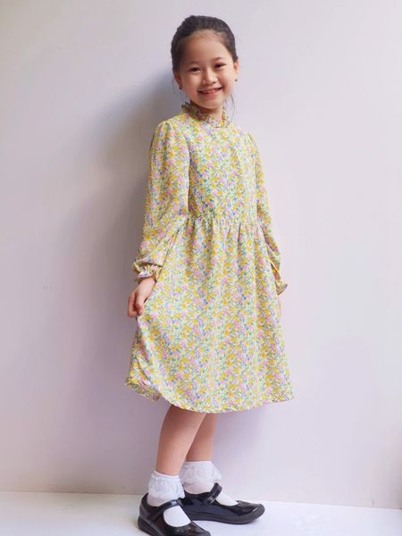 V00152 - Váy hoa nhí vàng hồng cổ bèo nhún eo