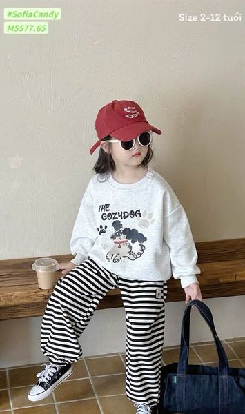 M5577 - Bộ nỉ Mia Kids áo ghi hình cún The Cozydog - quần kẻ đen size 2 - 12y