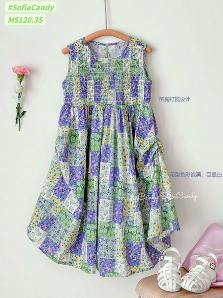 M5120 - Váy Mia Kids hoa tím xanh thêu smock cho bé gái size 1-10y