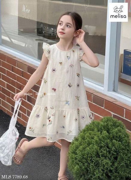 MLSDCC.7789 - Váy voan Melisa màu kem thêu hoa bướm tay cánh tiên size 1 - 10y