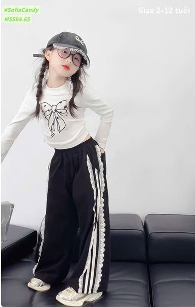M5564 - Set bộ Mia Kids áo cotton dài tay màu trắng in hình nơ + quần nỉ đen phối ren size 2-12y