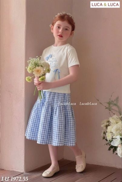 LUBCC.1972 - Set bộ trẻ em Luca & Luca áo trắng + chân váy caro xanh size 6-12y