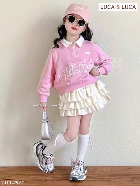 LU 1479 - Bộ nỉ Luca áo hồng cổ trắng + chân váy 3 tầng bé gái size 2-12y