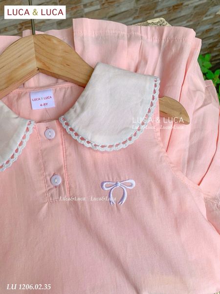 LU 1206 - Váy Luca sát nách cổ sen trắng thêu nơ ngực 2 màu hồng/xanh bé gái size 2-12y