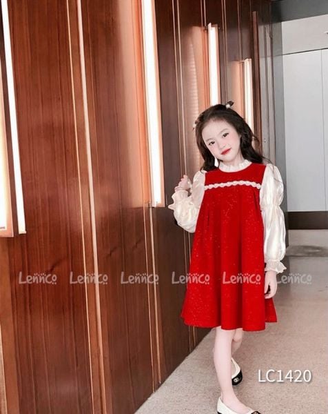 V00115 - Váy nhung đỏ nhũ tay phối voan tơ màu kem size 1-10y