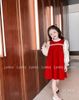 V00115 - Váy nhung đỏ nhũ tay phối voan tơ màu kem size 1-10y