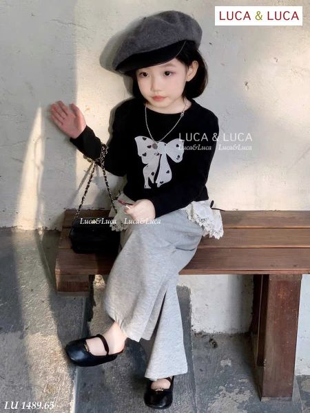 LU 1489 - Set bộ Luca áo nơ đen + quần ghi ống suông bé gái size 2-12y