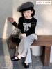 LU 1489 - Set bộ Luca áo nơ đen + quần ghi ống suông bé gái size 2-12y