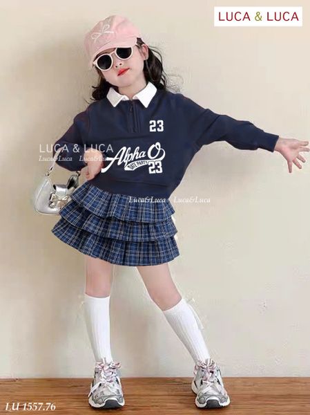 LU 1557 - Bộ bé gái Luca áo nỉ xanh Alpha 23 + chân váy kẻ 3 tầng size 2-12y