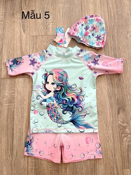 DB00040 - Bộ bơi 3ct kèm mũ hoạ tiết tiên cá nhiều màu cho bé gái size 90-140