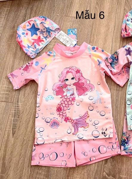 DB00040 - Bộ bơi 3ct kèm mũ hoạ tiết tiên cá nhiều màu cho bé gái size 90-140