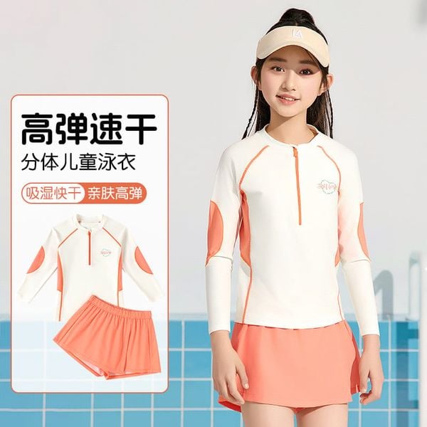 YY7520 - Bộ bơi YUKE dài tay chống nắng màu kem phối cam bé gái size XL-6XL