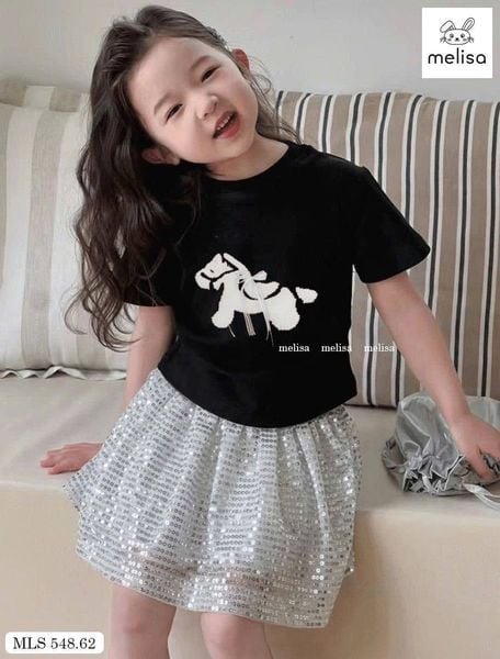 MLSBCC.548 - Bộ bé gái Melisa áo đen in ngựa + chân váy kim sa size 2-12y