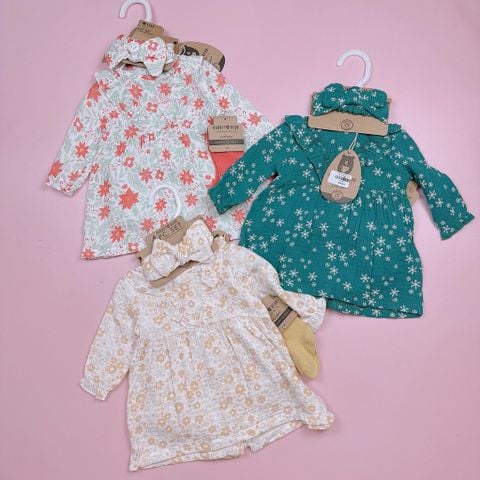 V00077 - Set 4ct váy muslin + quần chip + băng đô + tất bé gái size 3-12m