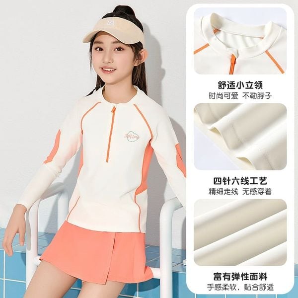 YY7520 - Bộ bơi YUKE dài tay chống nắng màu kem phối cam bé gái size XL-6XL