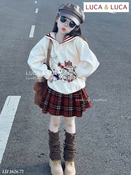 Lu 1626 - Bộ Luca áo cổ thủy thủ kitty + chân váy kẻ caro đỏ bé gái size 2-12y