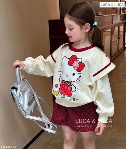 LU 1542 - Set LUCA áo nỉ màu kem kitty - chân váy đỏ chấm bi size 2 - 12y