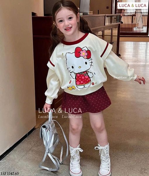 LU 1542 - Set LUCA áo nỉ màu kem kitty - chân váy đỏ chấm bi size 2 - 12y