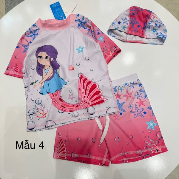 DB00040 - Bộ bơi 3ct kèm mũ hoạ tiết tiên cá nhiều màu cho bé gái size 90-140