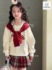 MLS 5864 - Bộ nỉ Melisa áo kem khăn đỏ + chân váy kẻ đỏ bé gái size 2-12y