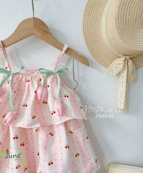 J7649 - Váy June with love 2 dây họa tiết đính hoa tulip hồng bé gái size 2-12y
