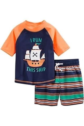 DB00054 - Bộ bơi áo navy phối cam hình thuyền - quần kẻ size 9m - 3y