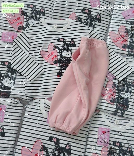 M5574 - Set bộ Mia Kids áo kẻ đen + quần nỉ hồng bé gái size 2-12y