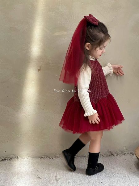 F25197 - Set 3ct QC Fanxiaoke áo len tăm + váy kèm kẹp nơ bé gái xanh/đỏ size 80-120