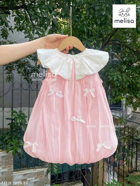 MLSDCC.6648 - Váy Melisa bí vải tơ đính nơ cổ sen hồng size 2-12y