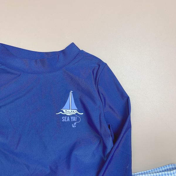 DB00058 - Bộ bơi áo dài tay màu navy hình thuyền Sea Ya - quần caro xanh trắng size 6m - 5y