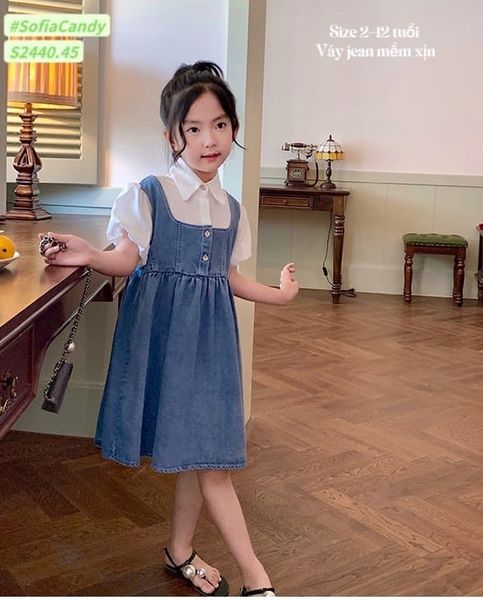 V00039 - Váy Sofia Candy jean phối cổ sơ mi trắng có tay size 2-12y
