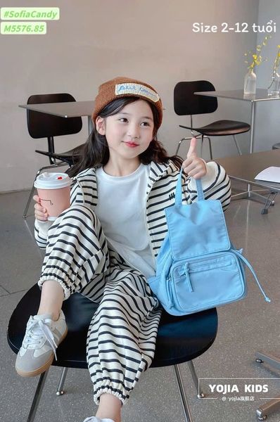M5576 - Set bộ 2ct nỉ da cá Mia Kids kẻ trắng đen size 2 - 12y