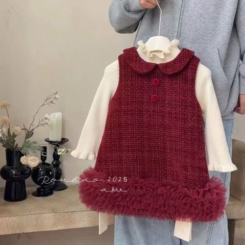 51310 - Set Roubao áo len + váy dạ bèo đỏ cho bé size 90-130