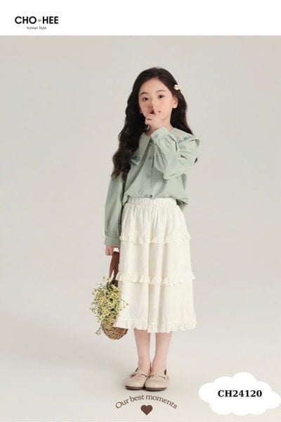 V00162 - Set Oli River áo sơ mi xanh mint thêu hoa cổ - chân váy trắng bèo tầng size 2 - 11y