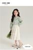 V00162 - Set Oli River áo sơ mi xanh mint thêu hoa cổ - chân váy trắng bèo tầng size 2 - 11y