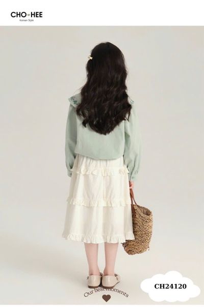 V00162 - Set Oli River áo sơ mi xanh mint thêu hoa cổ - chân váy trắng bèo tầng size 2 - 11y