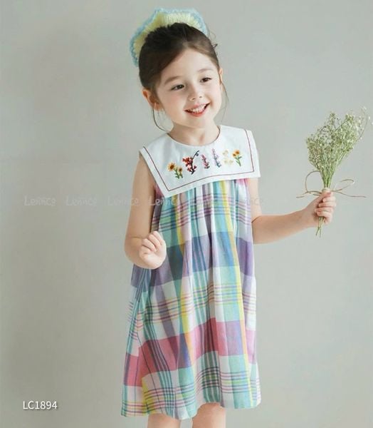 LC1894 - Váy Lennco kẻ caro sắc màu cổ yếm size 1-10y