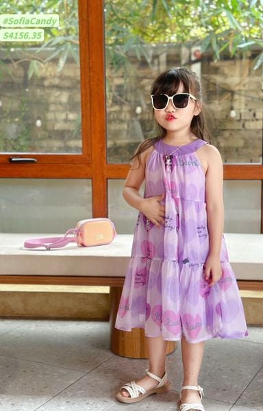 S4156 - Váy Sofia Candy vải tơ kuromi 2 màu hồng/tím in tràn cổ yếm size 1-10y