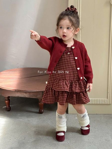25178 - Set 2ct QC Fanxiaoke váy kẻ + cardigan bé gái size 80-120