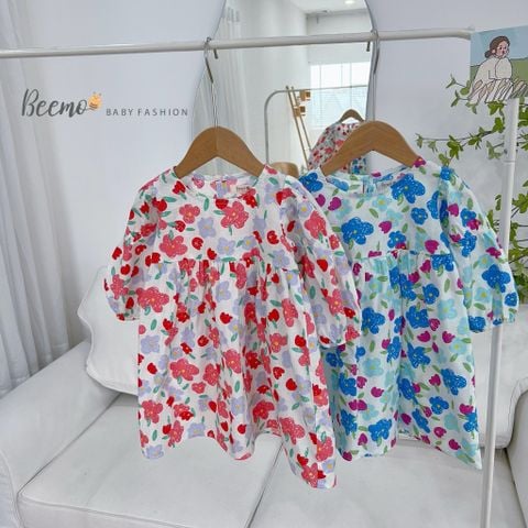V00126 - Váy hoa nhí tay nhún Beemo 2 màu xanh/đỏ BG