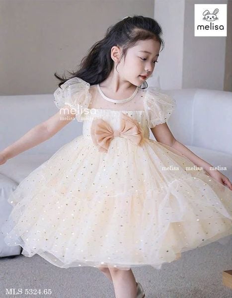 MLS 5324 - Váy công chúa Melisa màu be sao đính nơ bé gái size 2-12y