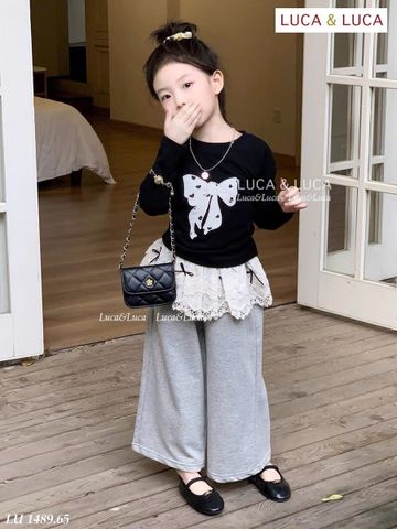 LU 1489 - Set bộ Luca áo nơ đen + quần ghi ống suông bé gái size 2-12y