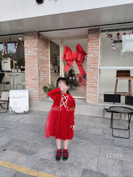 V00114 - Váy nhung phối chân voan 2 màu hồng / đỏ size 12m - 10y