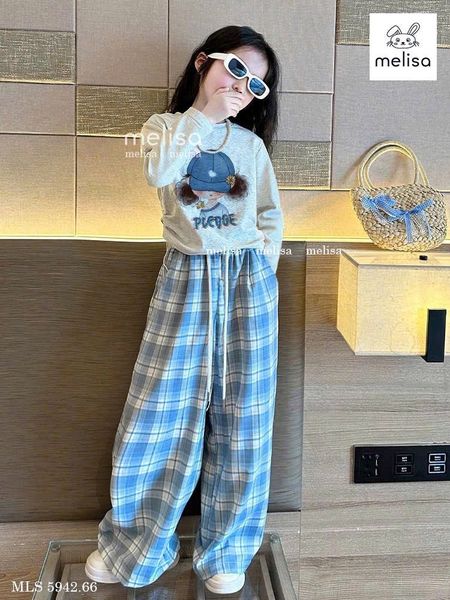 MLS 5942 - Bộ Melisa áo dài tay bé gái mũ xanh + quần kẻ xanh size 6-12y