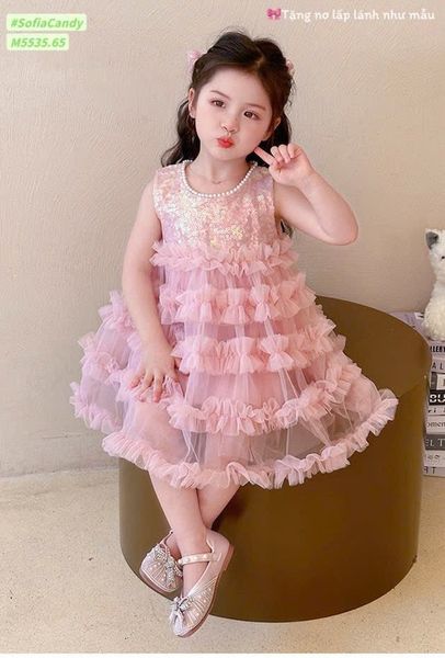 M5535 - Váy công chúa kim sa Mia Kids màu hồng tặng nơ cài tóc bé gái size 1-10y