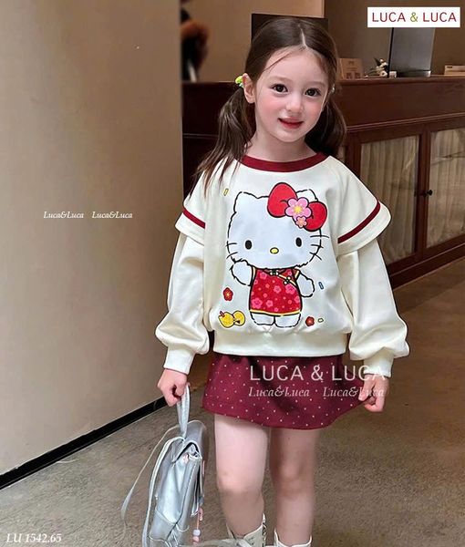 LU 1542 - Set LUCA áo nỉ màu kem kitty - chân váy đỏ chấm bi size 2 - 12y