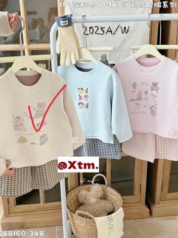 88160 - Bộ nỉ dày đại hàn LNX màu be hình cún - quần kẻ size 90 - 140