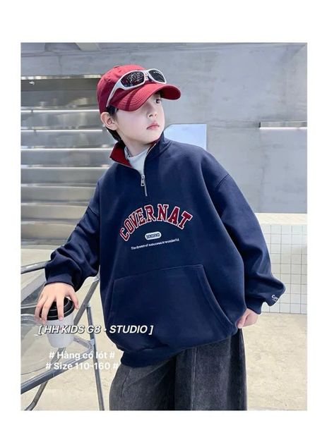 99616 - Áo nỉ cổ trụ Convena 2 màu đỏ/navy cho bé size 110-160