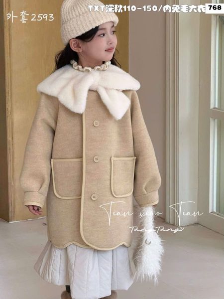 AK07 - Áo khoác dạ lông cừu dáng dài cổ lông 2 màu cho bé size 110-150