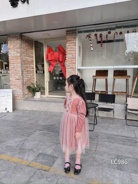V00114 - Váy nhung phối chân voan 2 màu hồng / đỏ size 12m - 10y